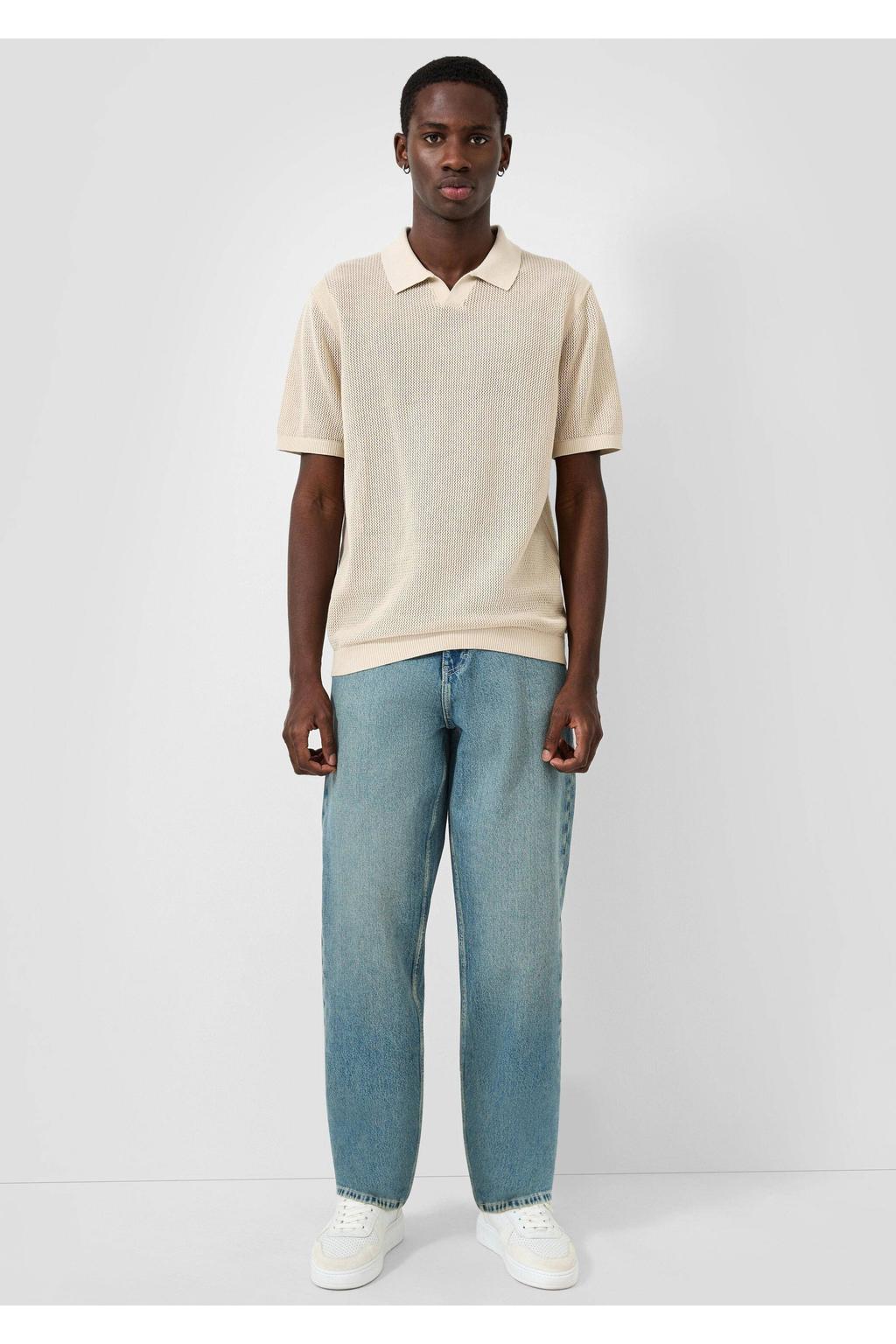 Beige heren QS regular polo gebreid van katoen met effen en korte mouwen