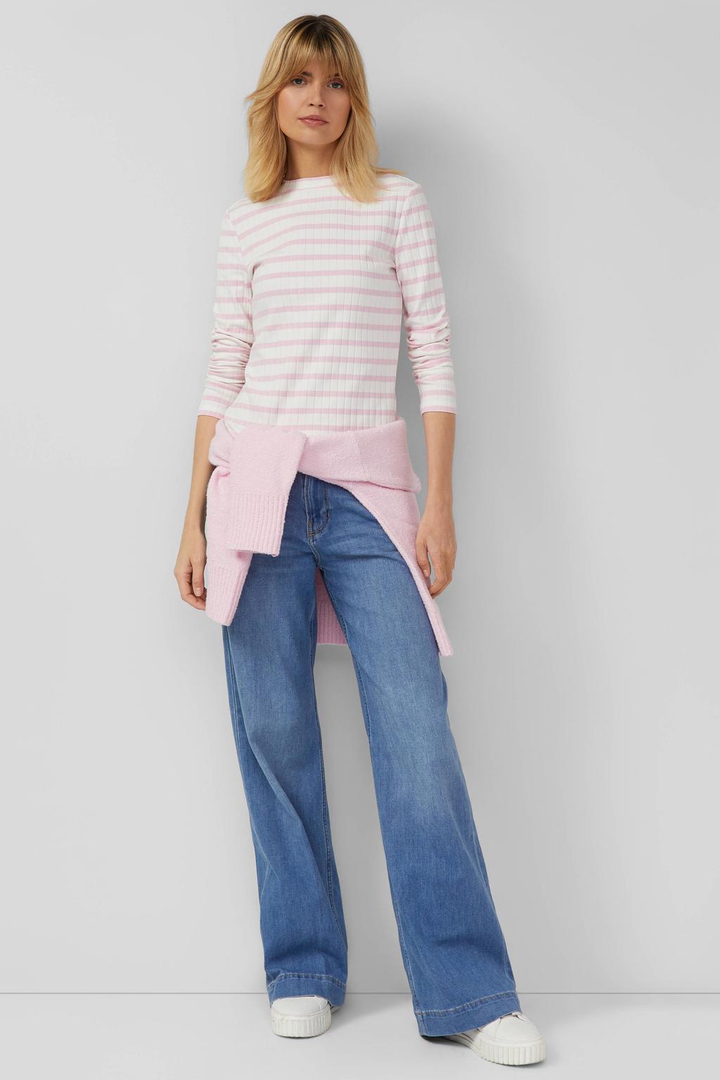 Roze en witte dames s.Oliver gestreepte top met lange mouwen en ronde hals