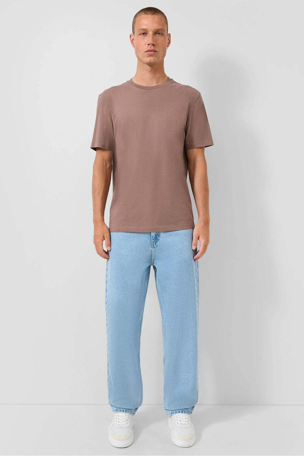 Bruine heren QS regular T-shirt van katoen met effen, korte mouwen en ronde hals