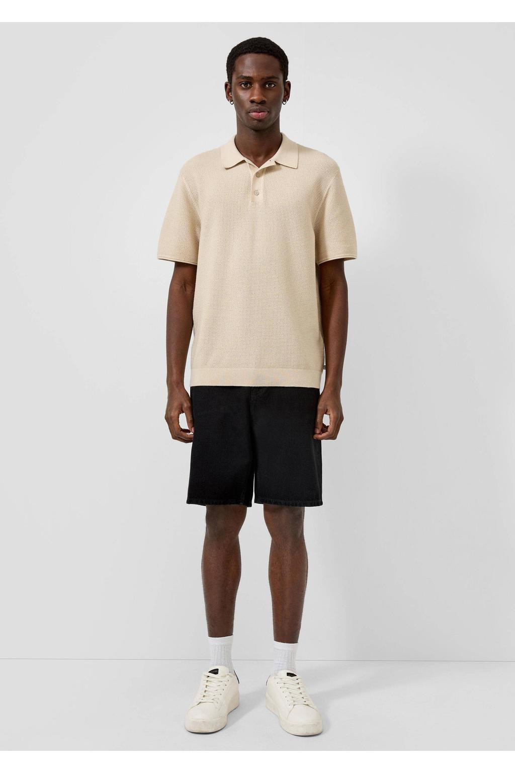 Beige heren QS regular polo van katoen met effen, korte mouwen, knoopsluiting en wafel