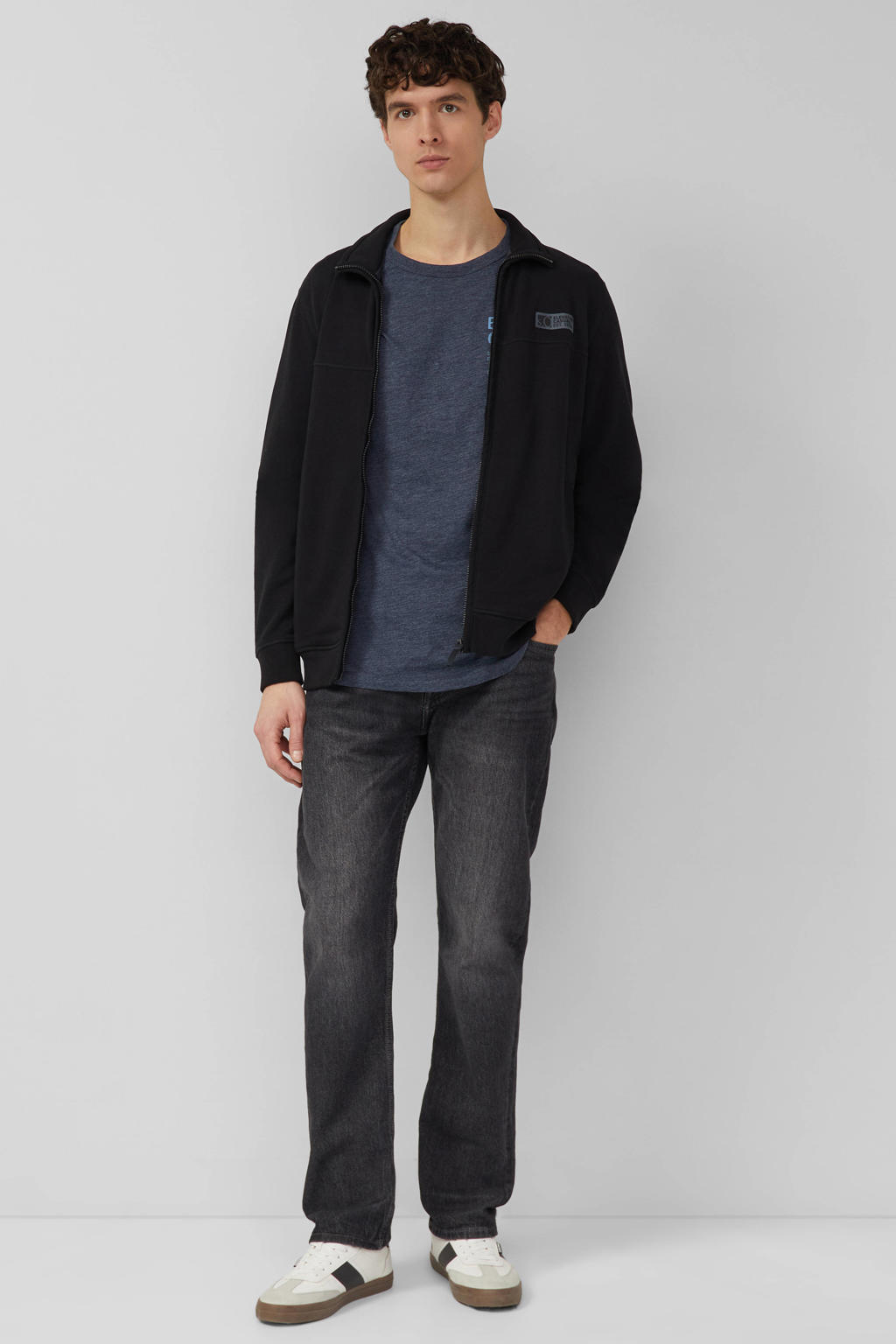 Marineblauw heren s.Oliver regular T-shirt blauw van katoen met printopdruk, korte mouwen en ronde hals