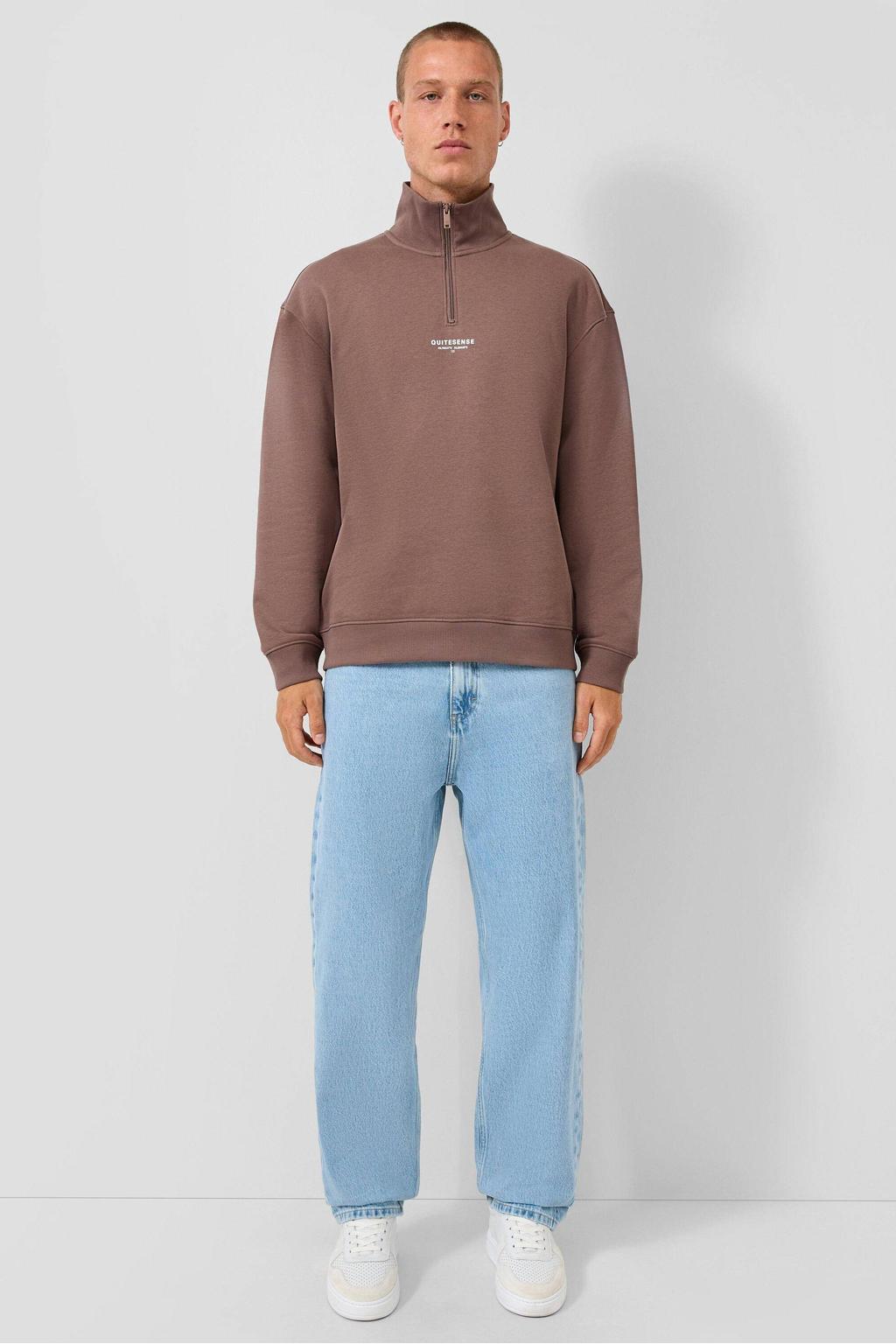Bruine heren QS sweater met effen, lange mouwen, opstaande kraag en halve rits