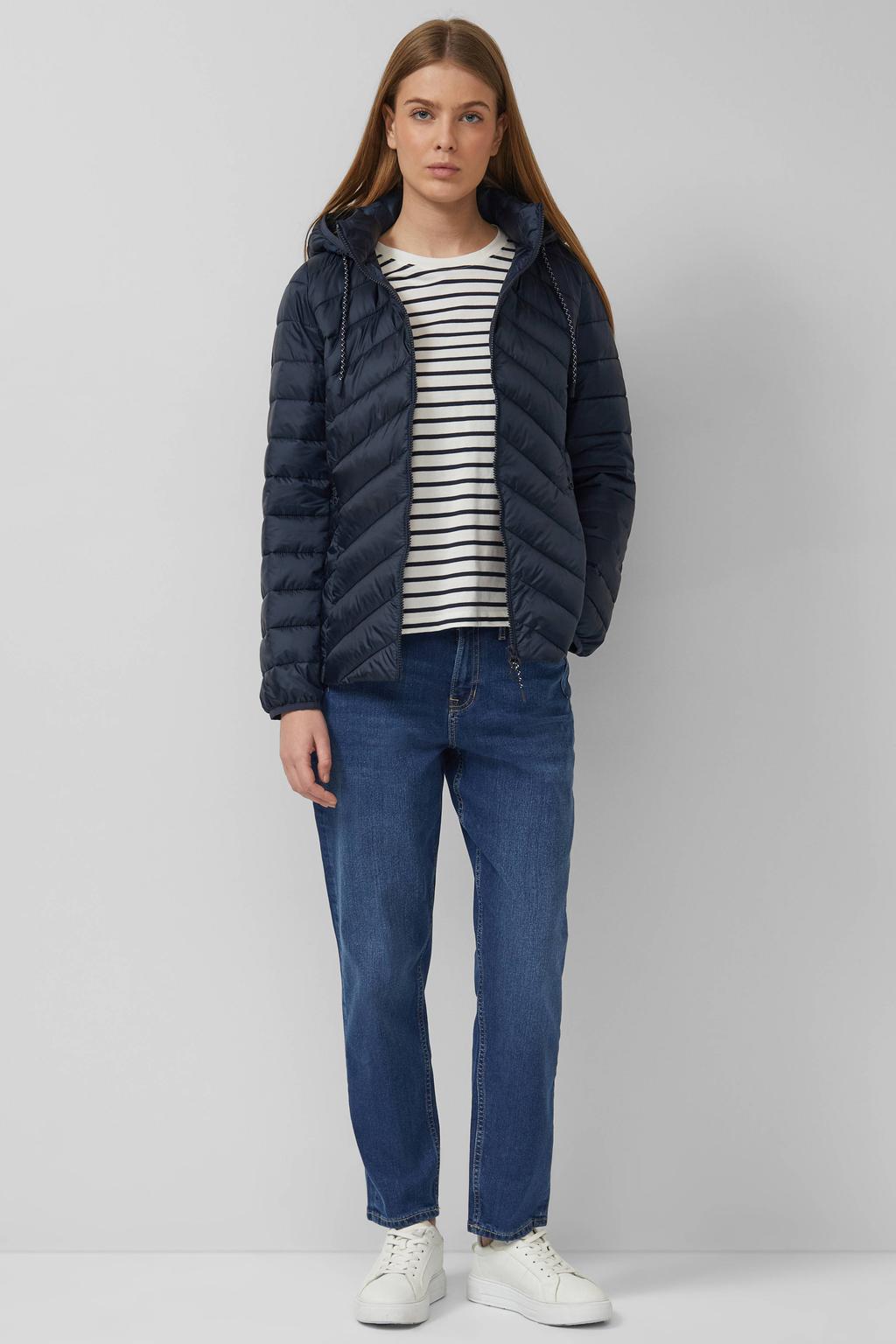 Marineblauw dames s.Oliver tussenjas quilted blauw van polyester met effen, lange mouwen, capuchon, 2-way rits en doorgestikte details