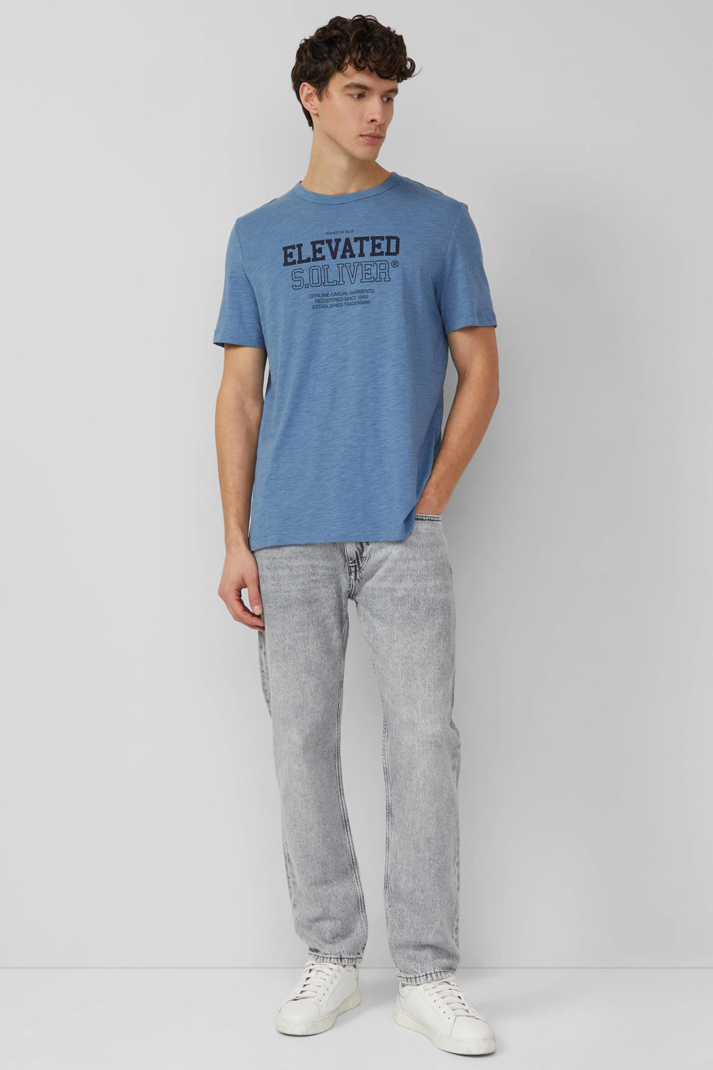 Blauwe heren s.Oliver regular T-shirt van katoen met printopdruk, korte mouwen en ronde hals
