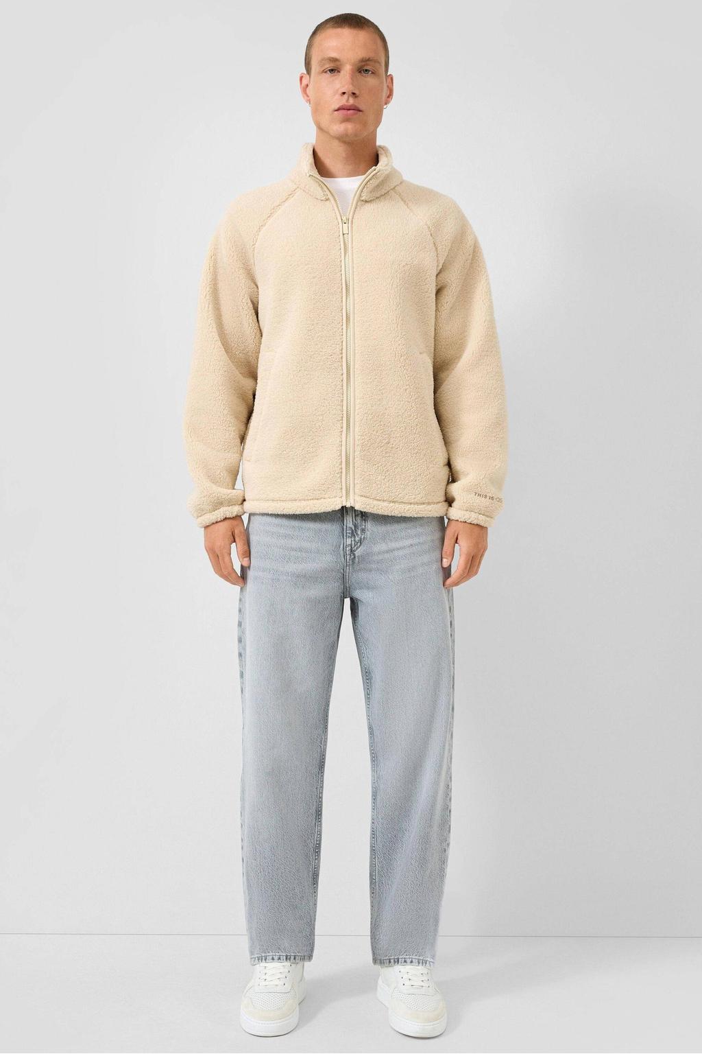 Beige heren QS teddy jas met effen, lange mouwen, opstaande kraag en ritssluiting