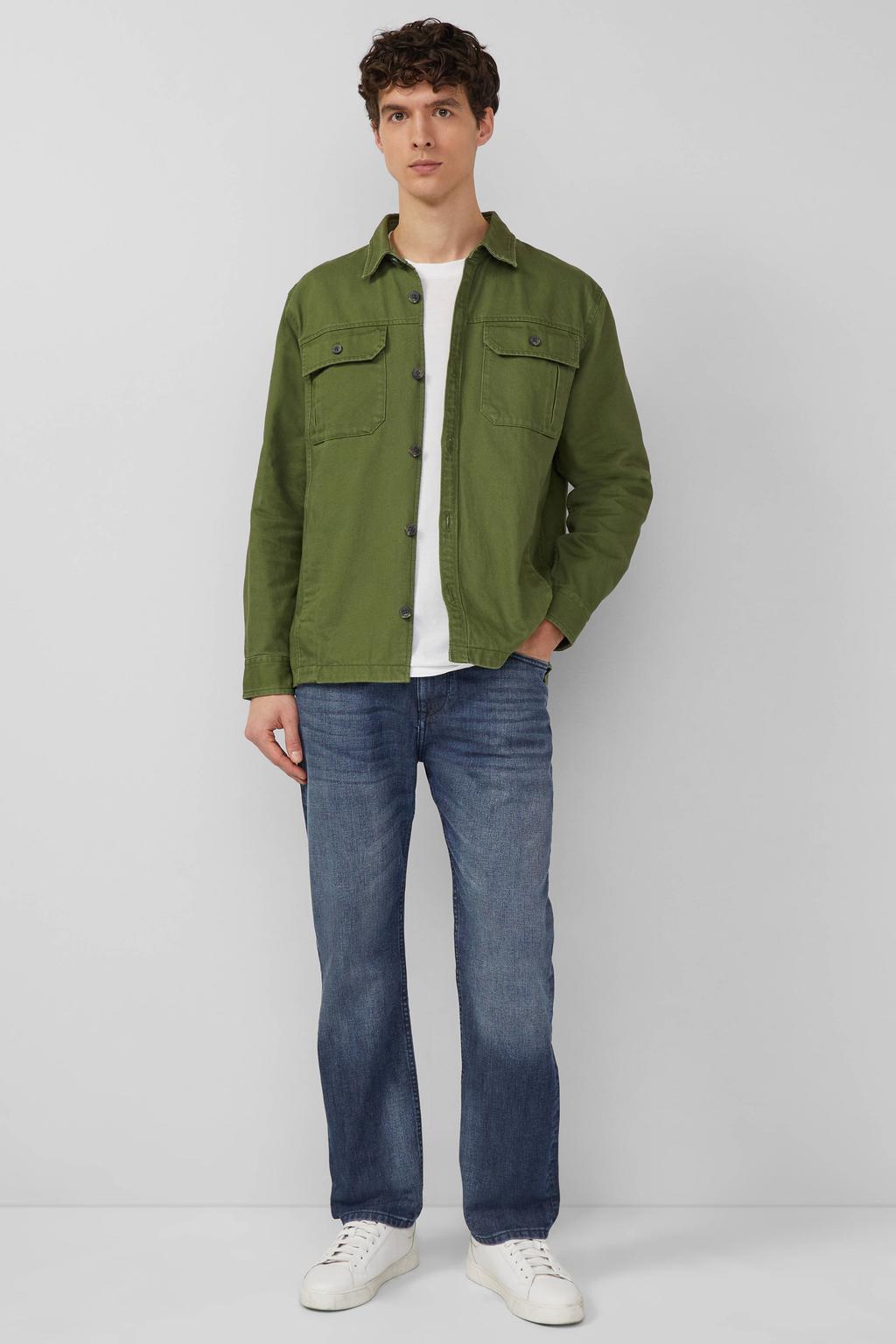Donkergroene heren s.Oliver overshirt van katoen met effen, lange mouwen, klassieke kraag en knoopsluiting