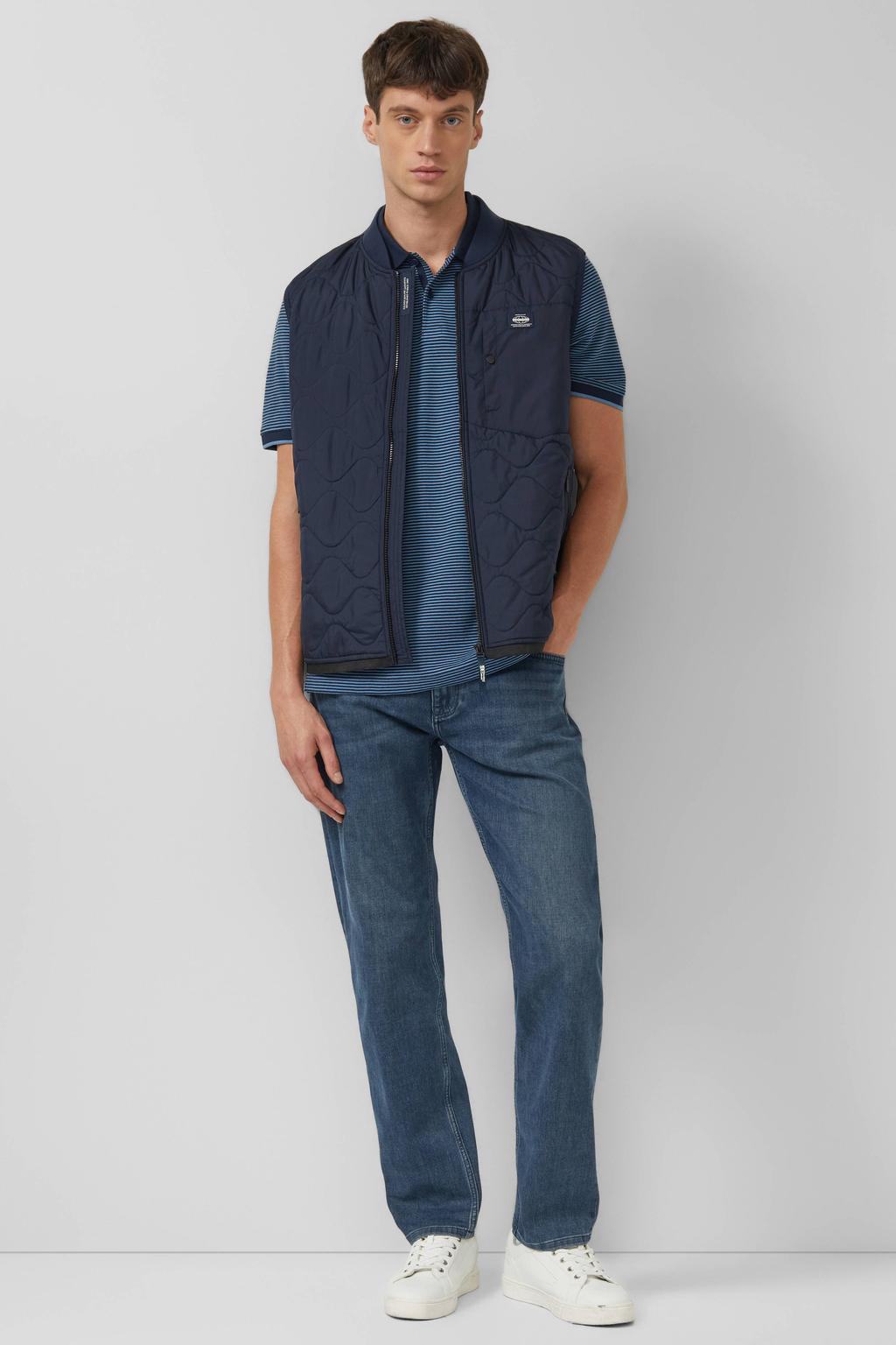 Blauwe heren s.Oliver regular gestreepte polo van katoen met korte mouwen, knoopsluiting en contrast bies