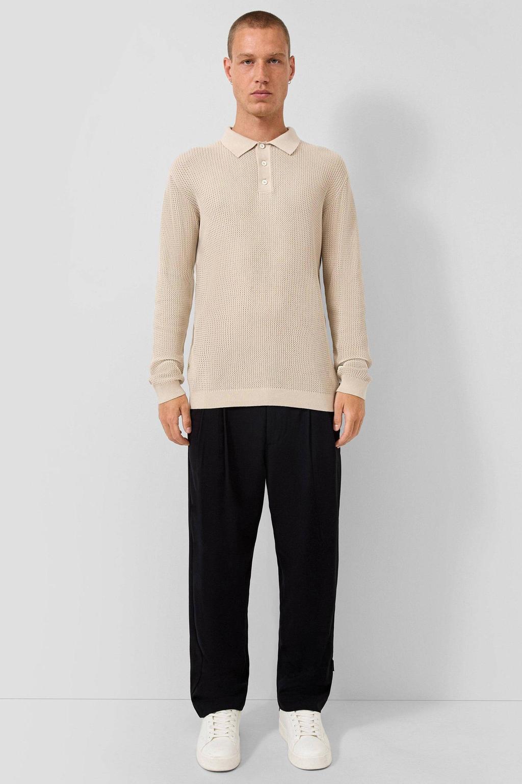 Beige heren QS gebreide trui van katoen met effen, lange mouwen, klassieke kraag en knoopsluiting