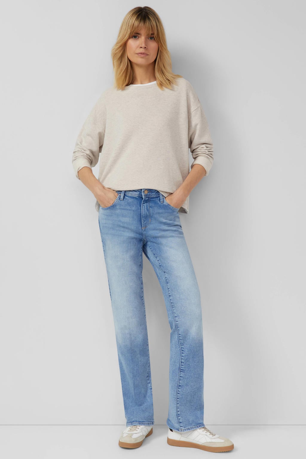 Lichtblauwe dames s.Oliver bootcut jeans van denim met regular waist, rits- en knoopsluiting en effen