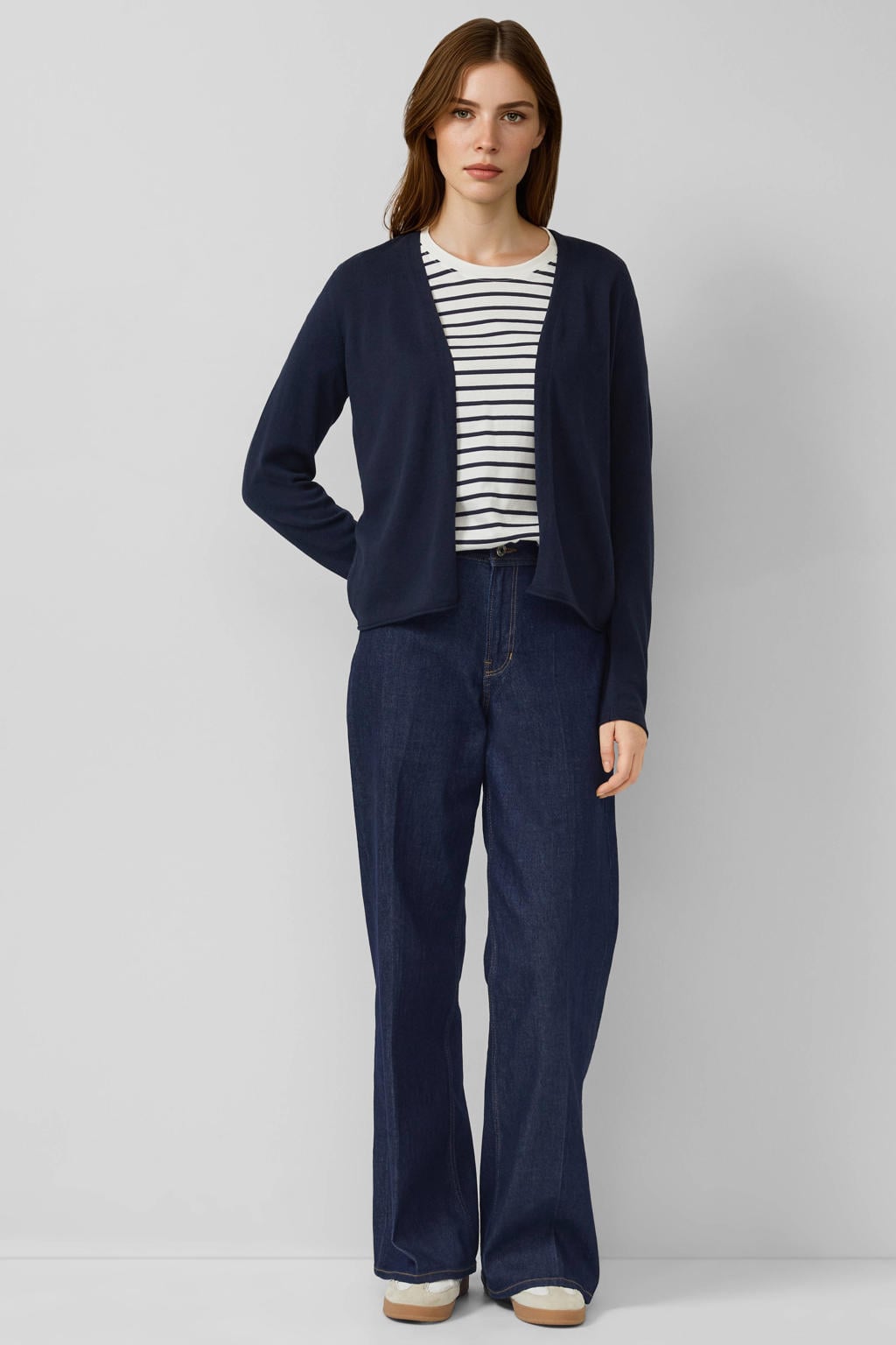 Marineblauw dames s.Oliver vest blauw van katoen met effen, lange mouwen en openvallende hals