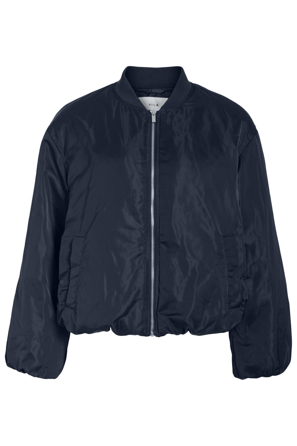Marineblauw dames VILA bomberjack van polyester met effen, lange mouwen, ronde hals en ritssluiting