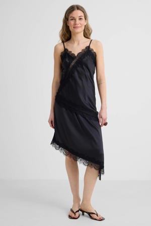 satijnen asymmetrische midi rok zwart