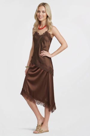 satijnen asymmetrische midi rok bruin