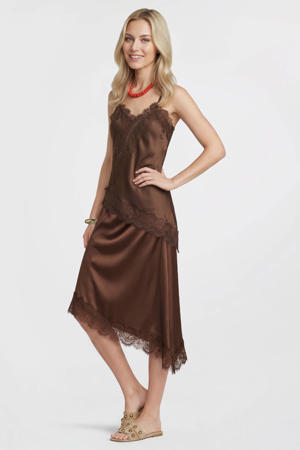 satijnen asymmetrische midi rok bruin