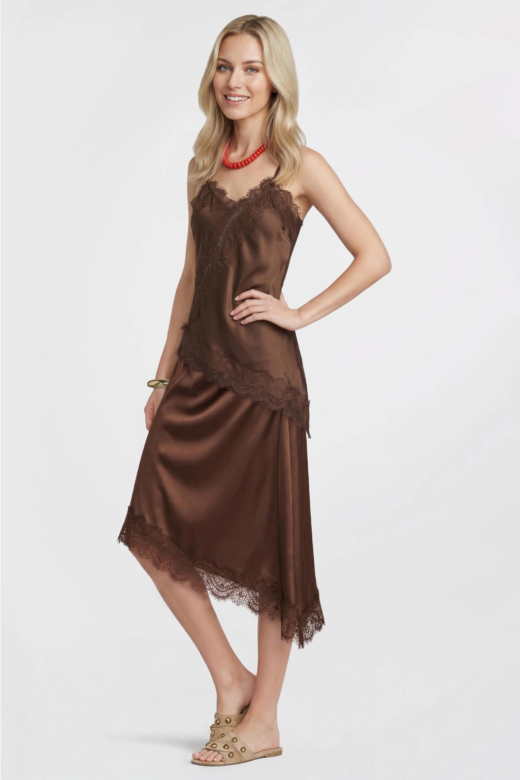 Bruine dames Anytime satijnen asymmetrische midi rok gemaakt van polyester