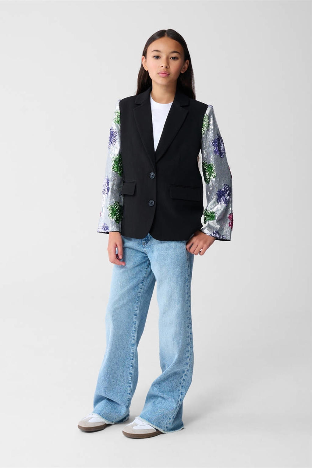 Zwart en zilverkleurige meisjes Shoeby regular fit blazer van polyester met meerkleurige print, lange mouwen, reverskraag en pailletten
