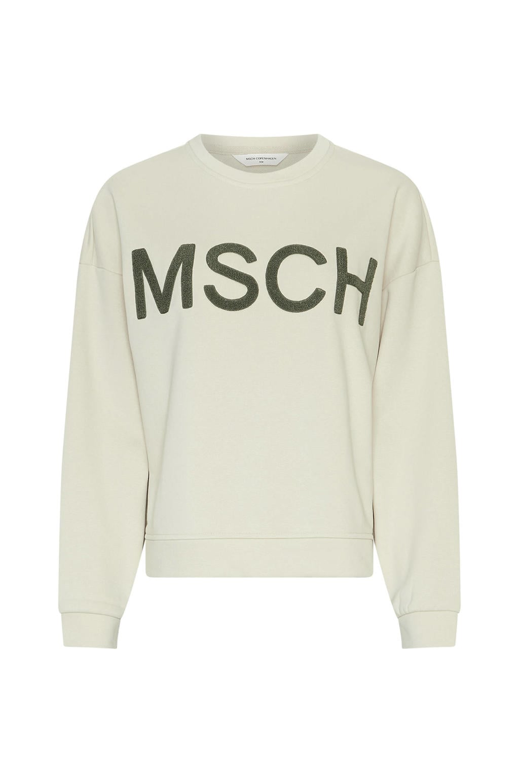 Ecru en groene dames MSCH Copenhagen sweater van katoen met tekst print, lange mouwen en ronde hals