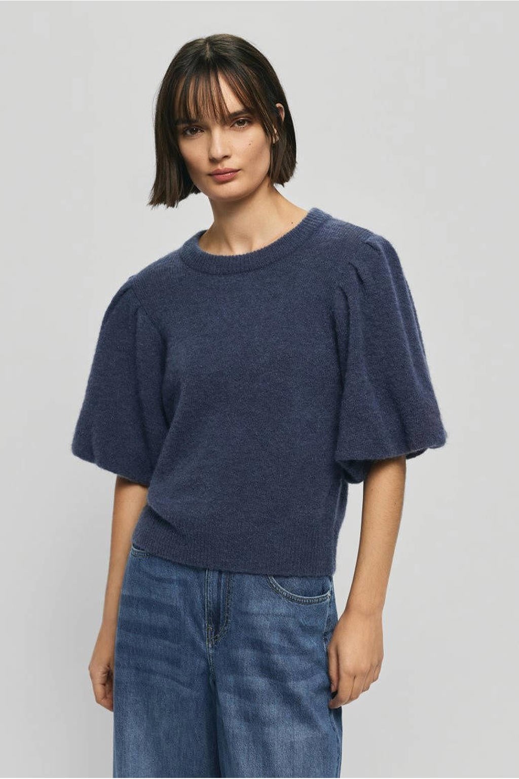 Blauwe dames MSCH Copenhagen gebreide trui van polyamide met effen, lange mouwen en ronde hals
