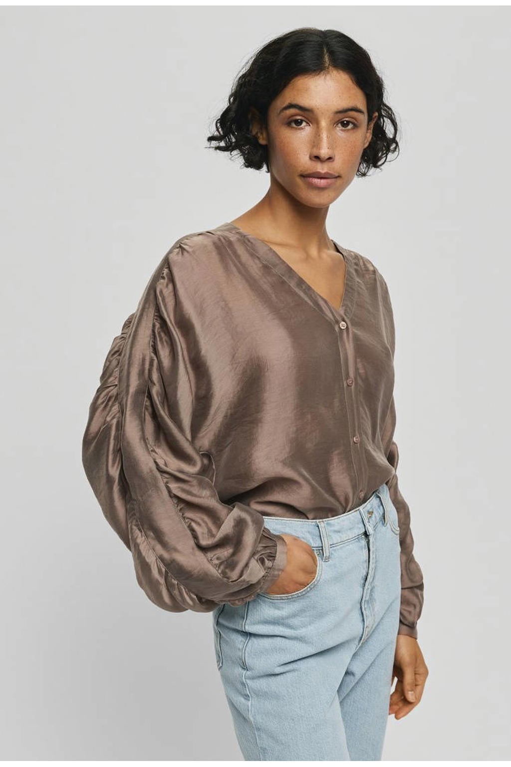 Bruine dames MSCH Copenhagen blouse van lyocell met effen, lange mouwen, V-hals en knoopsluiting