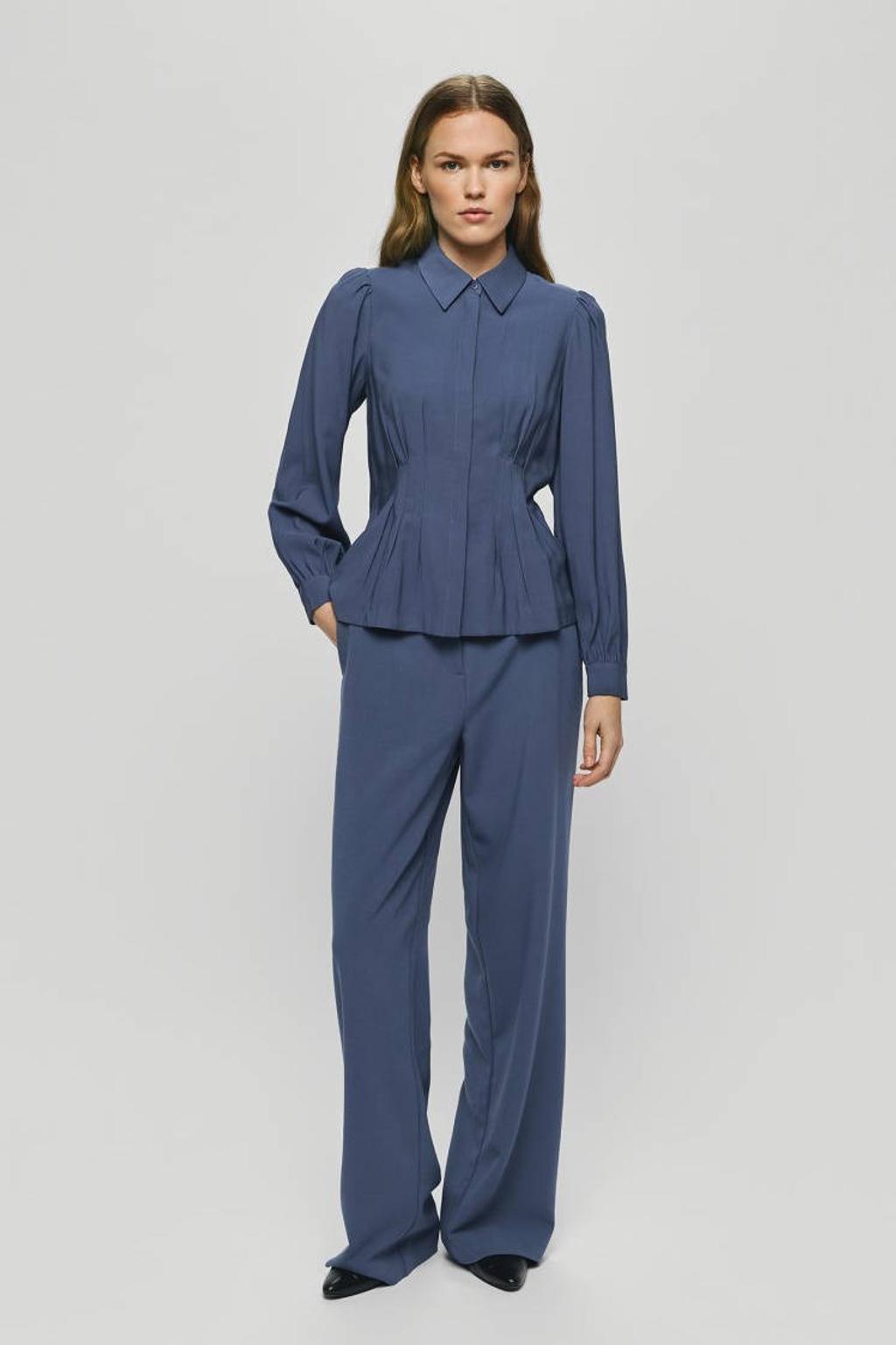 Grijsblauwe dames MSCH Copenhagen wide leg regular waist broek blauw met rits- en haaksluiting en effen