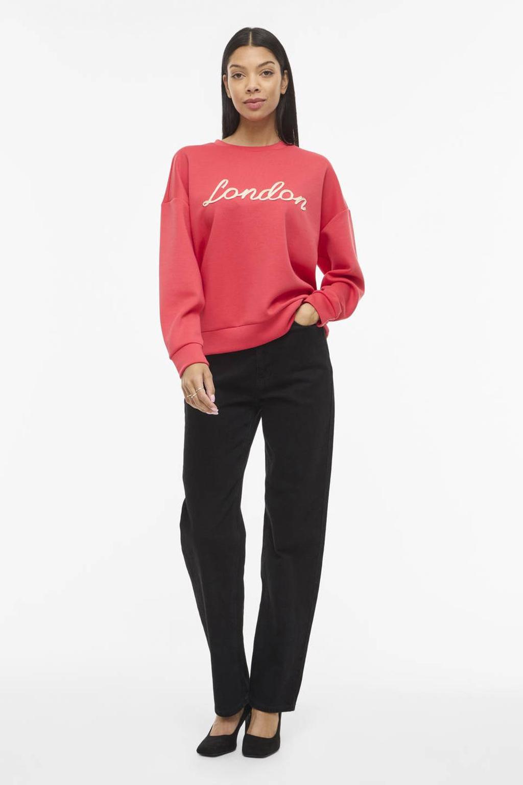 Koraalrode dames VILA sweater met tekst print, lange mouwen en ronde hals