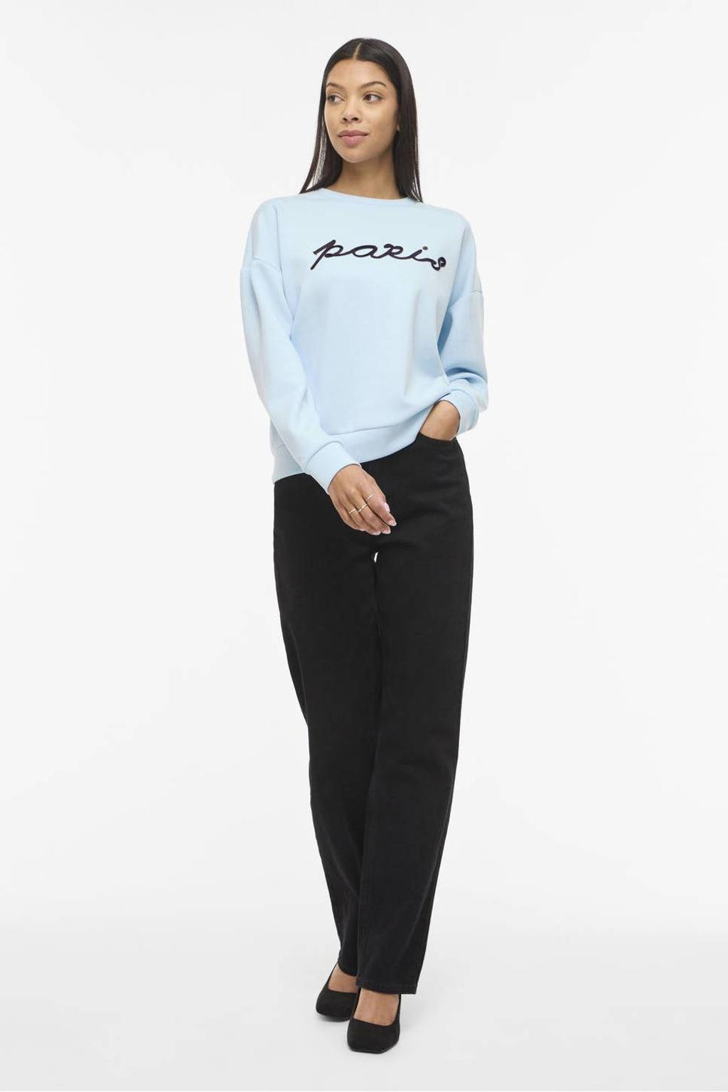 Lichtblauwe dames VILA sweater met tekst print, lange mouwen en ronde hals