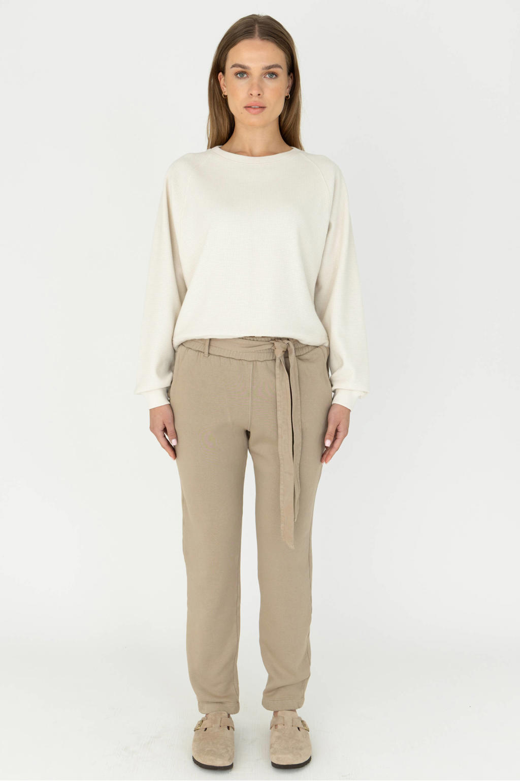 Beige dames Moscow sweater van katoen met effen, lange mouwen en ronde hals
