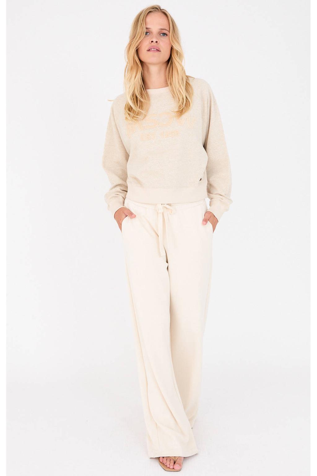 Beige dames Moscow sweater van katoen met tekst print, lange mouwen en ronde hals