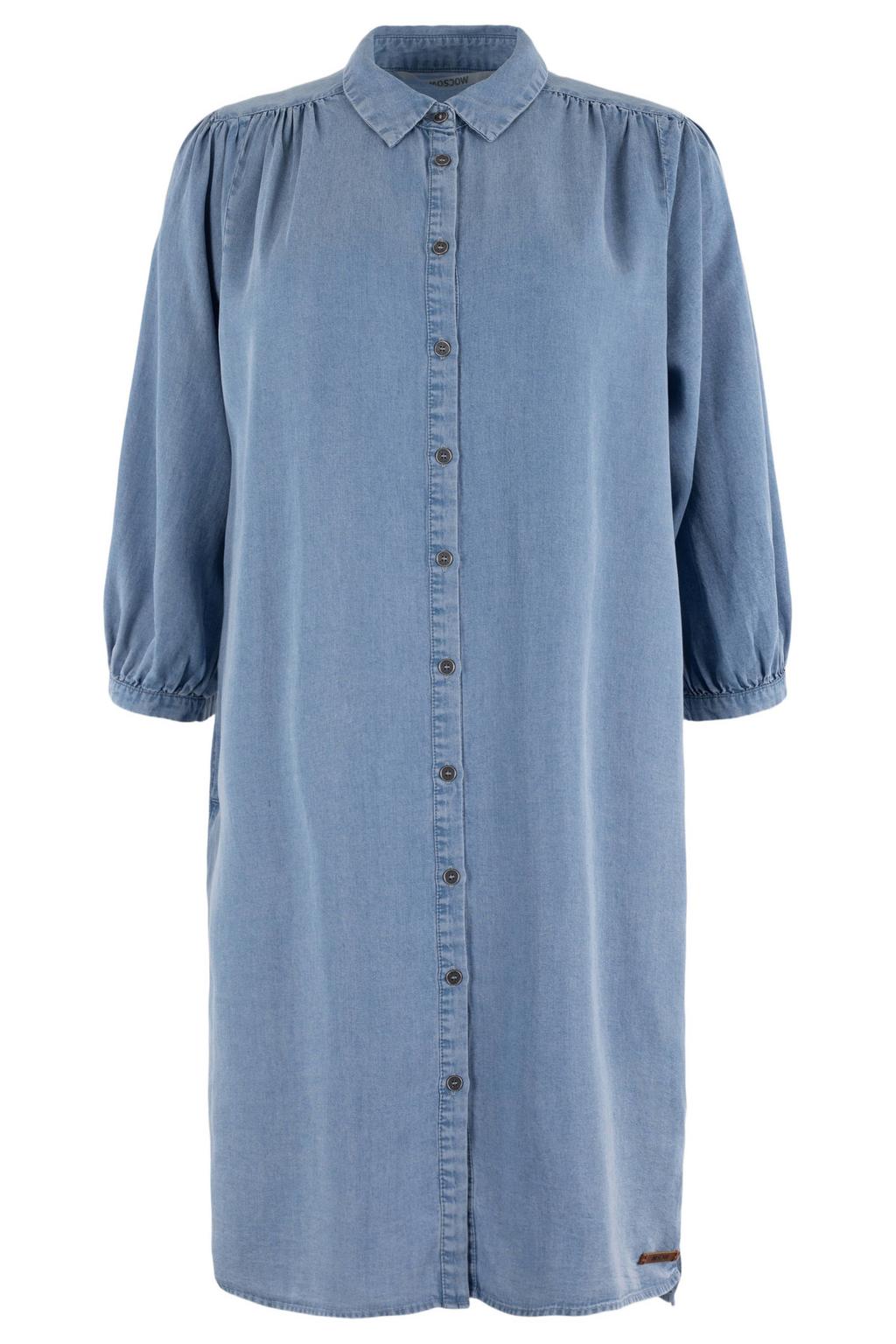Blauwe dames Moscow blousejurk van lyocell met effen, driekwart mouwen, klassieke kraag en knoopsluiting