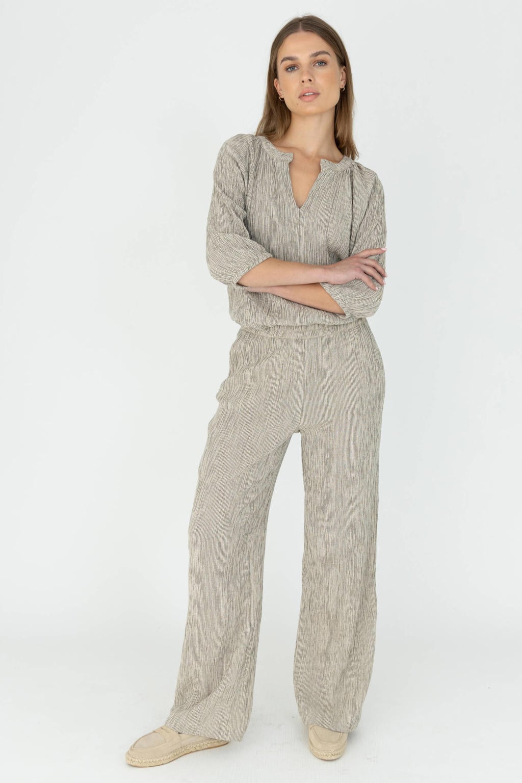 Zwarte dames Moscow wide leg regular waist gestreepte pantalon van katoen