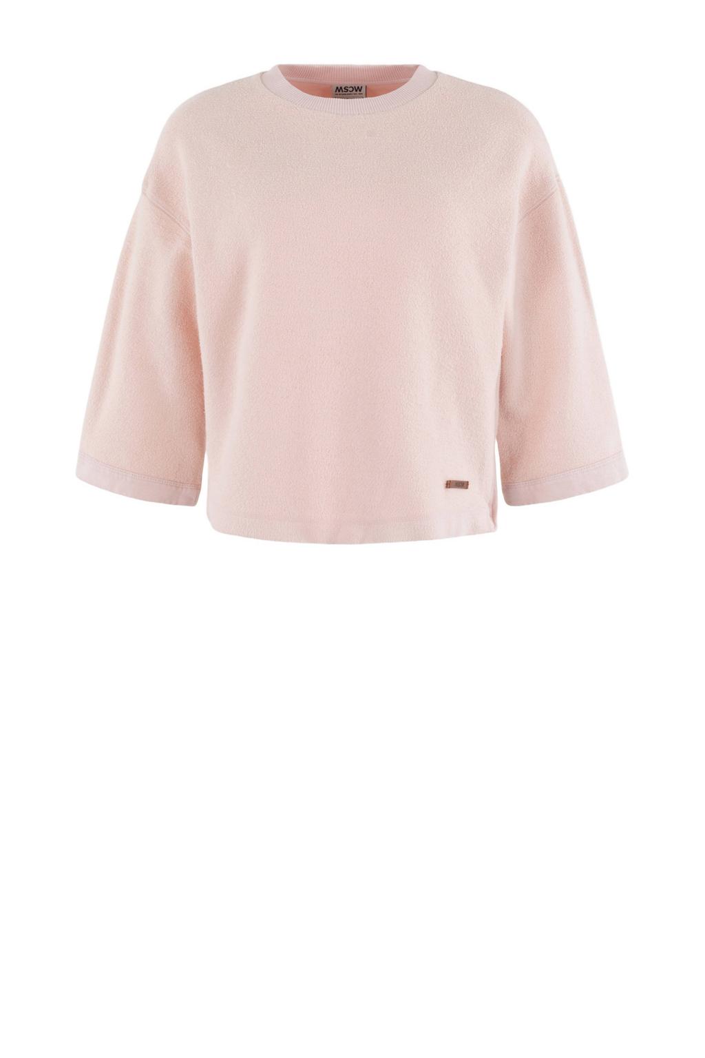 Lichtroze dames Moscow sweater van katoen met effen, driekwart mouwen en ronde hals
