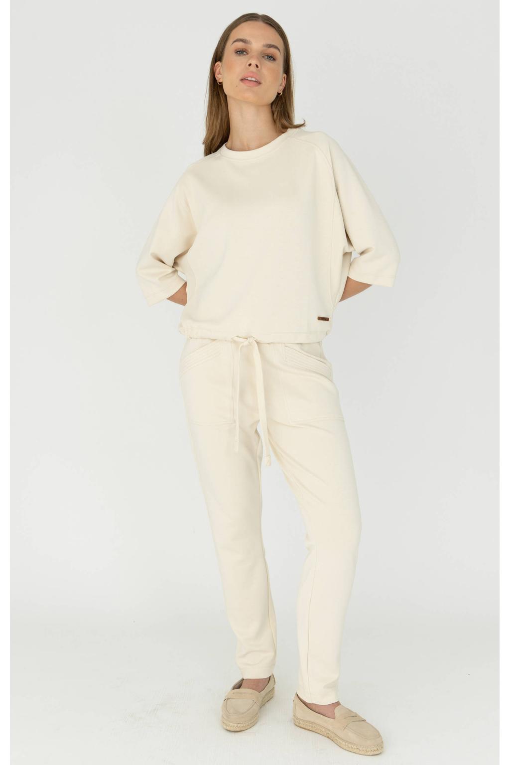 Beige dames Moscow slim regular waist joggingbroek van modal met elastische tailleband met koord en effen