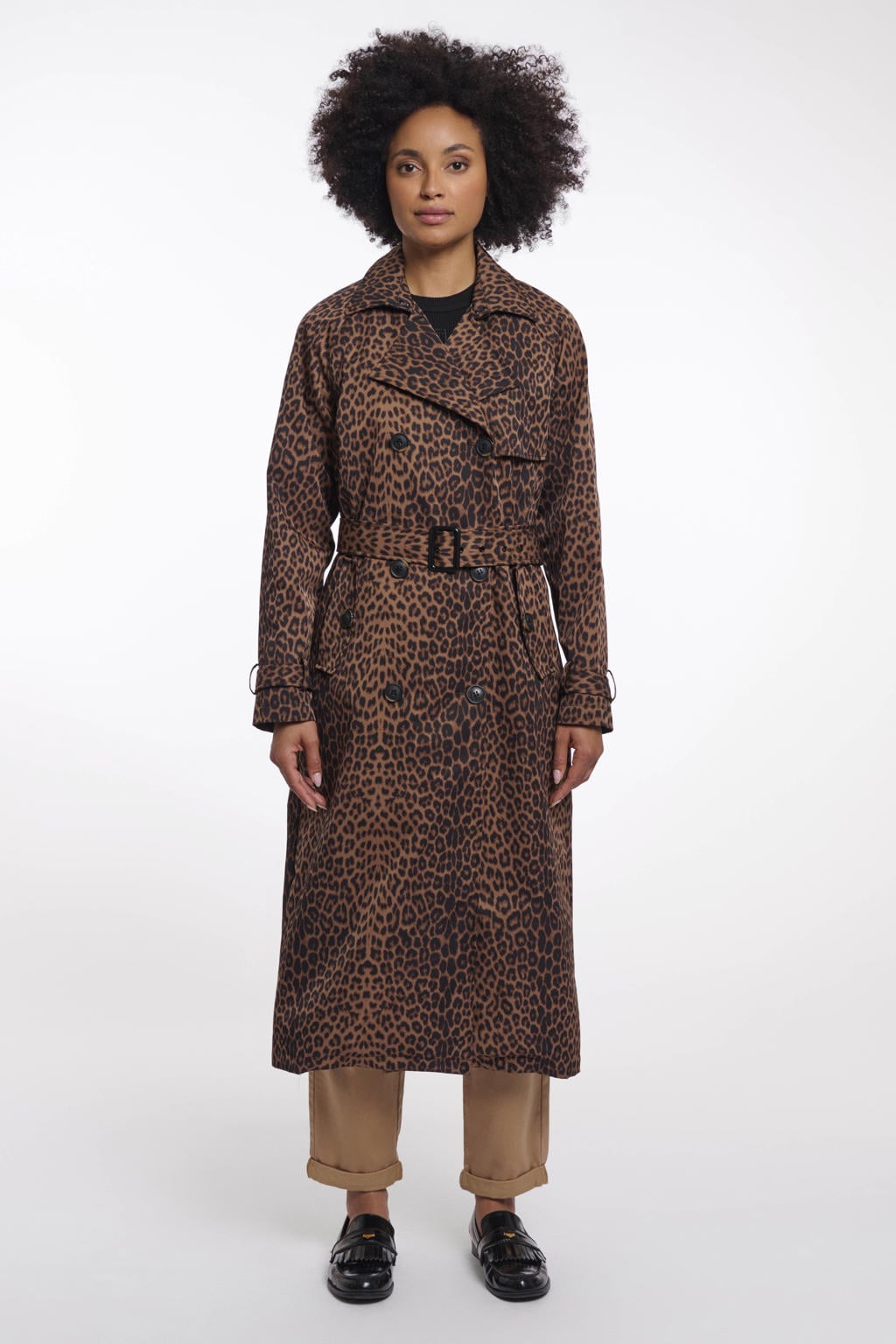 Multi, bruin en zwarte dames Rino & Pelle trenchcoat van polyamide met dierenprint, lange mouwen, reverskraag, double breasted sluiting en ceintuur