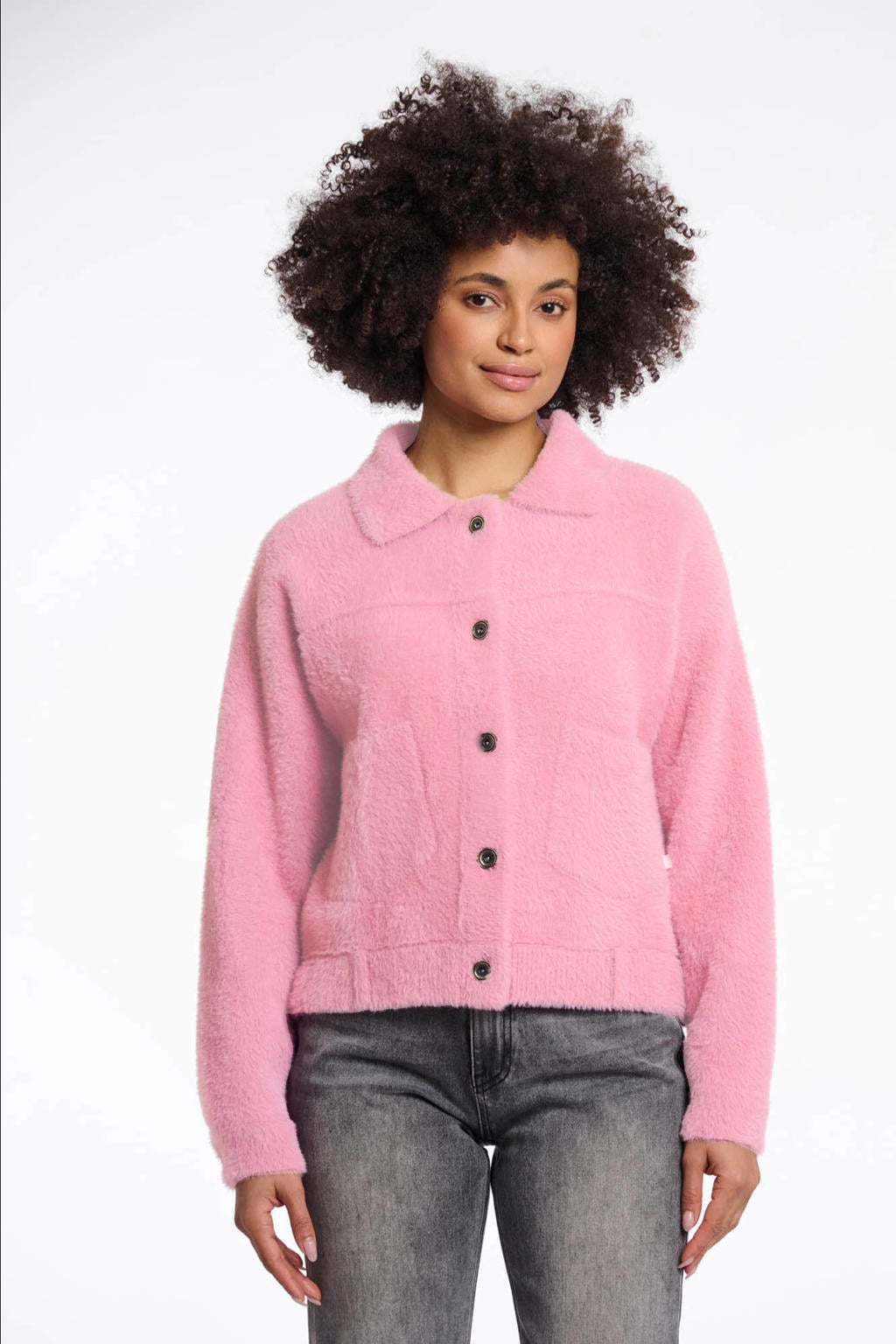 Roze dames Rino & Pelle cropped blazer van polyamide met effen, lange mouwen, widespread hals, knoopsluiting en knoopdetail