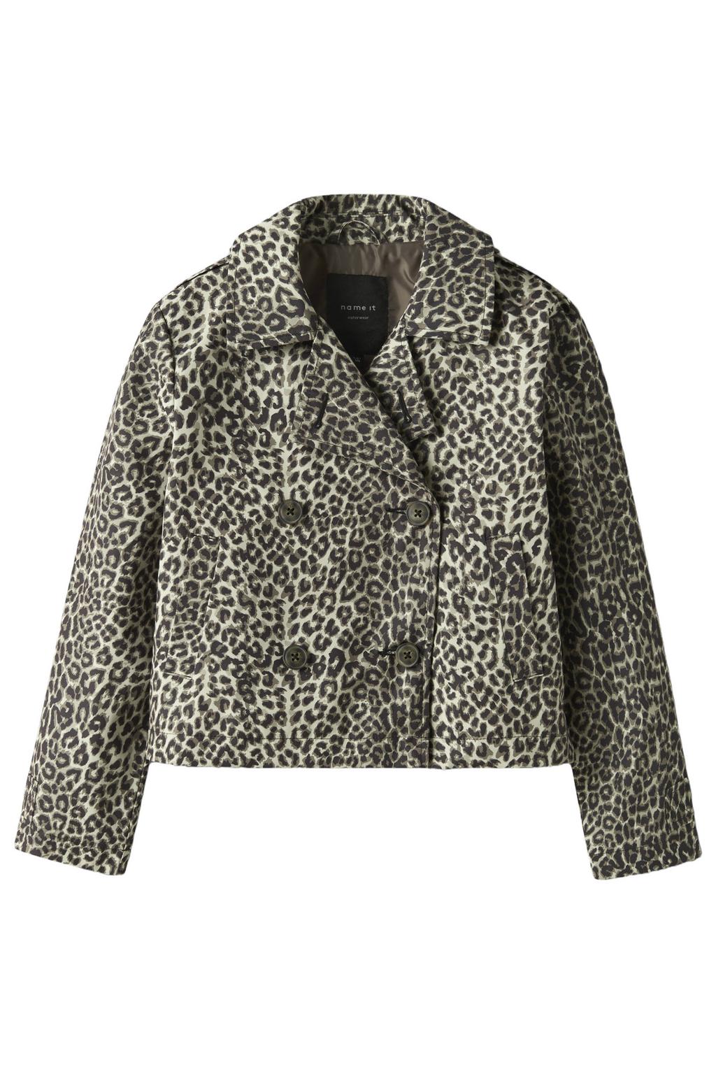 Beige en bruine meisjes NAME IT KIDS trenchcoat van polyester met dierenprint, lange mouwen, reverskraag en knoopsluiting