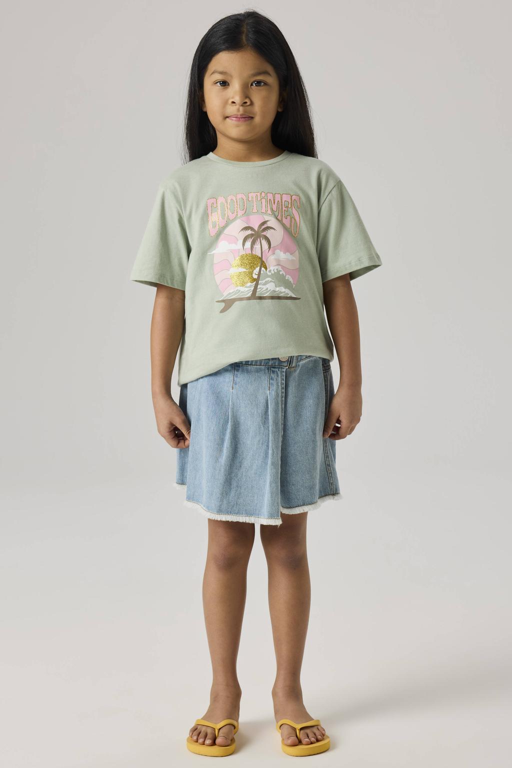 Grijsgroene meisjes NAME IT KIDS T-shirt groen van katoen met printopdruk en korte mouwen