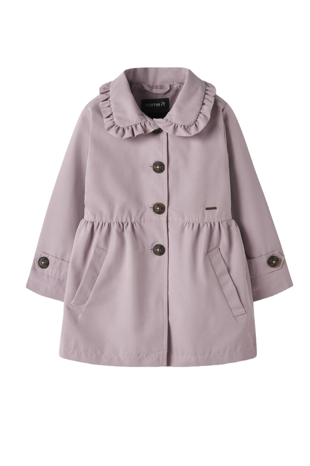 Lilakleurige meisjes NAME IT MINI trenchcoat van polyester met effen, lange mouwen, klassieke kraag, ritssluiting en plooien