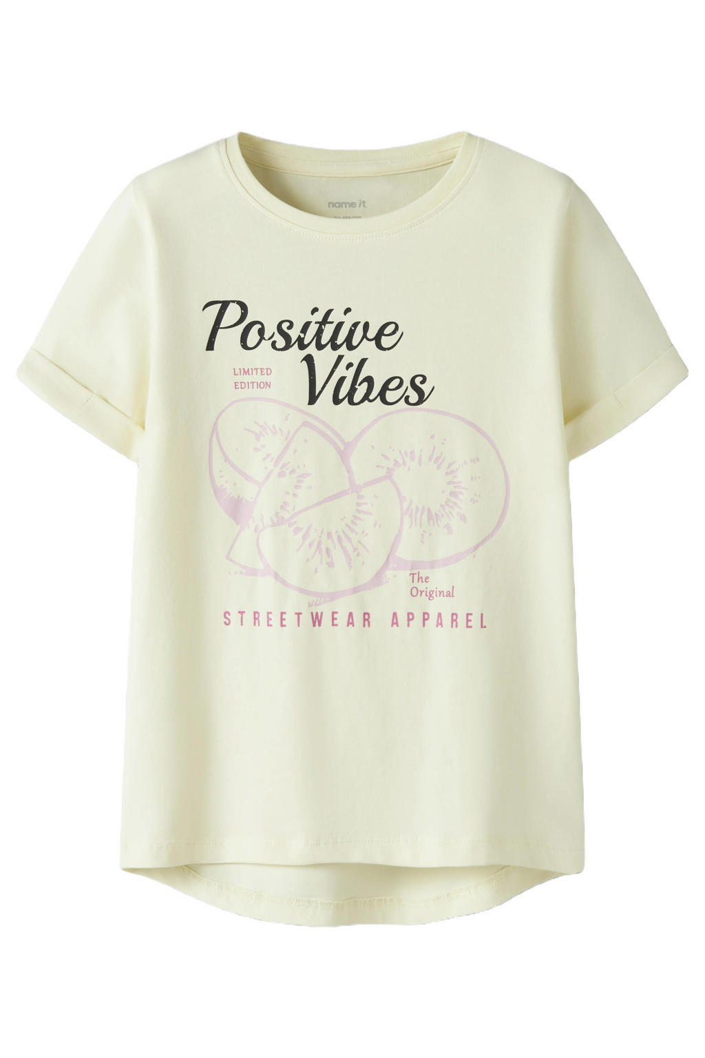 Gele meisjes NAME IT KIDS T-shirt van stretchkatoen met printopdruk, korte mouwen en ronde hals