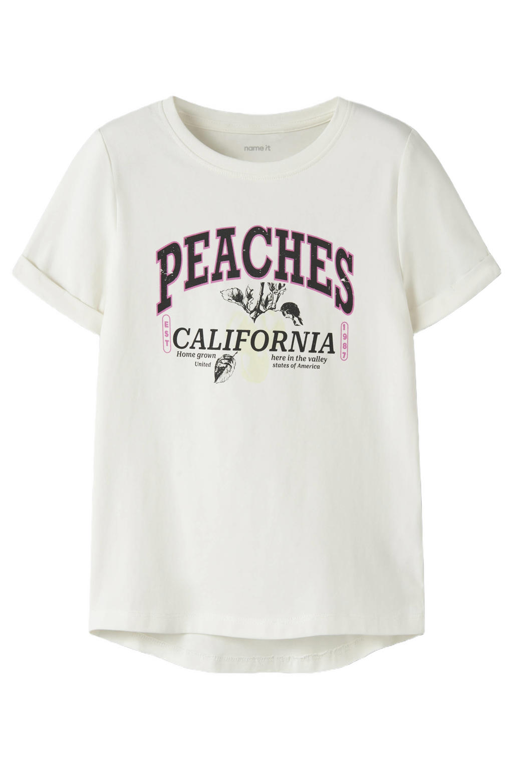 Ecru meisjes NAME IT KIDS T-shirt van stretchkatoen met printopdruk, korte mouwen en ronde hals