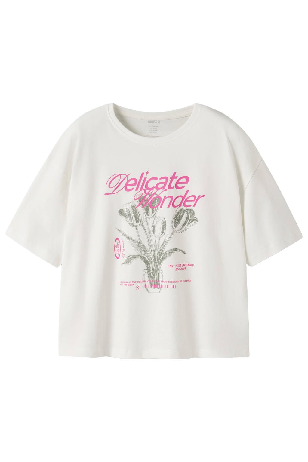 Ecru meisjes NAME IT KIDS T-shirt van katoen met printopdruk, korte mouwen en ronde hals
