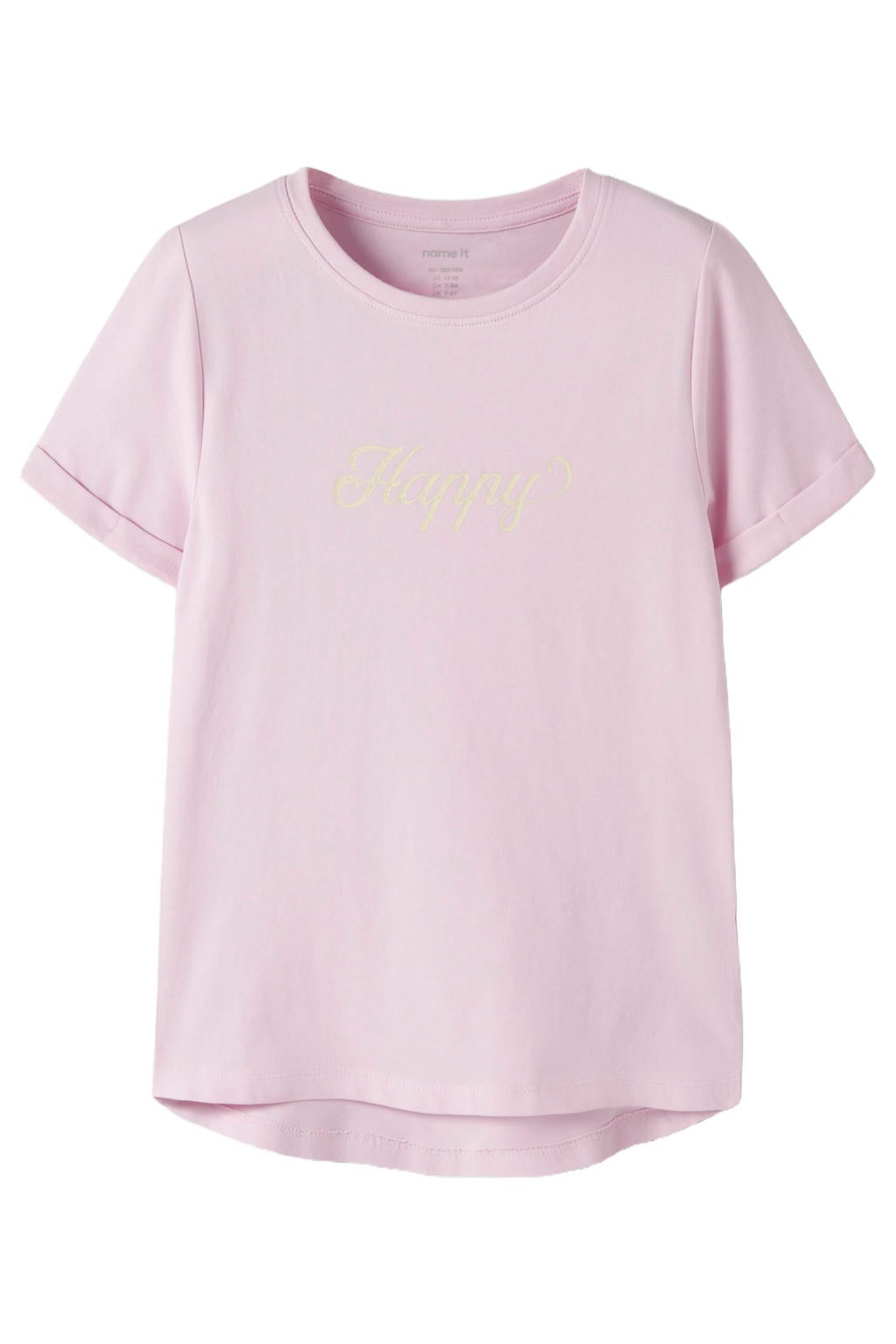 Lichtroze meisjes NAME IT KIDS T-shirt van stretchkatoen met tekst print, korte mouwen en ronde hals