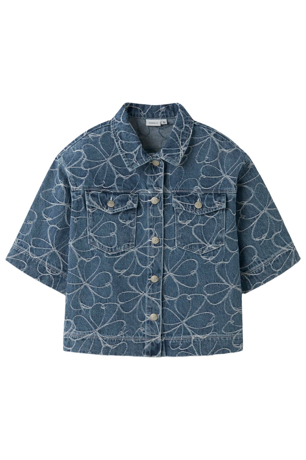 Medium blue denim meisjes NAME IT KIDS gebloemde blouse van denim met korte mouwen, klassieke kraag, knoopsluiting en borduursels