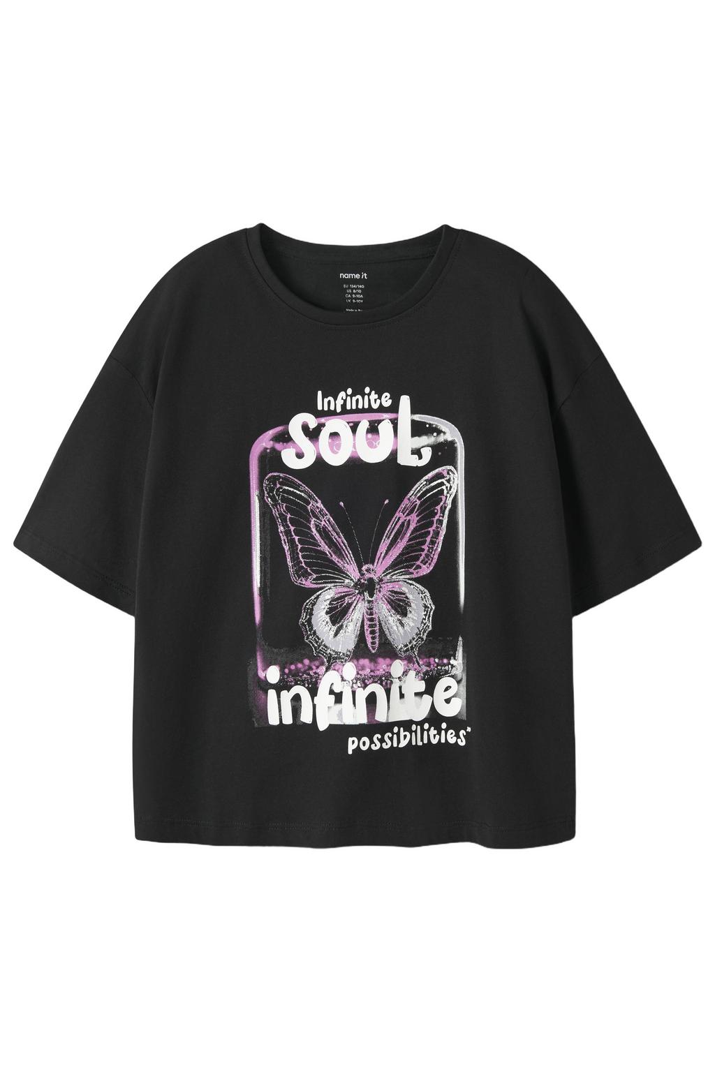 Zwarte meisjes NAME IT KIDS T-shirt van katoen met printopdruk, korte mouwen en ronde hals