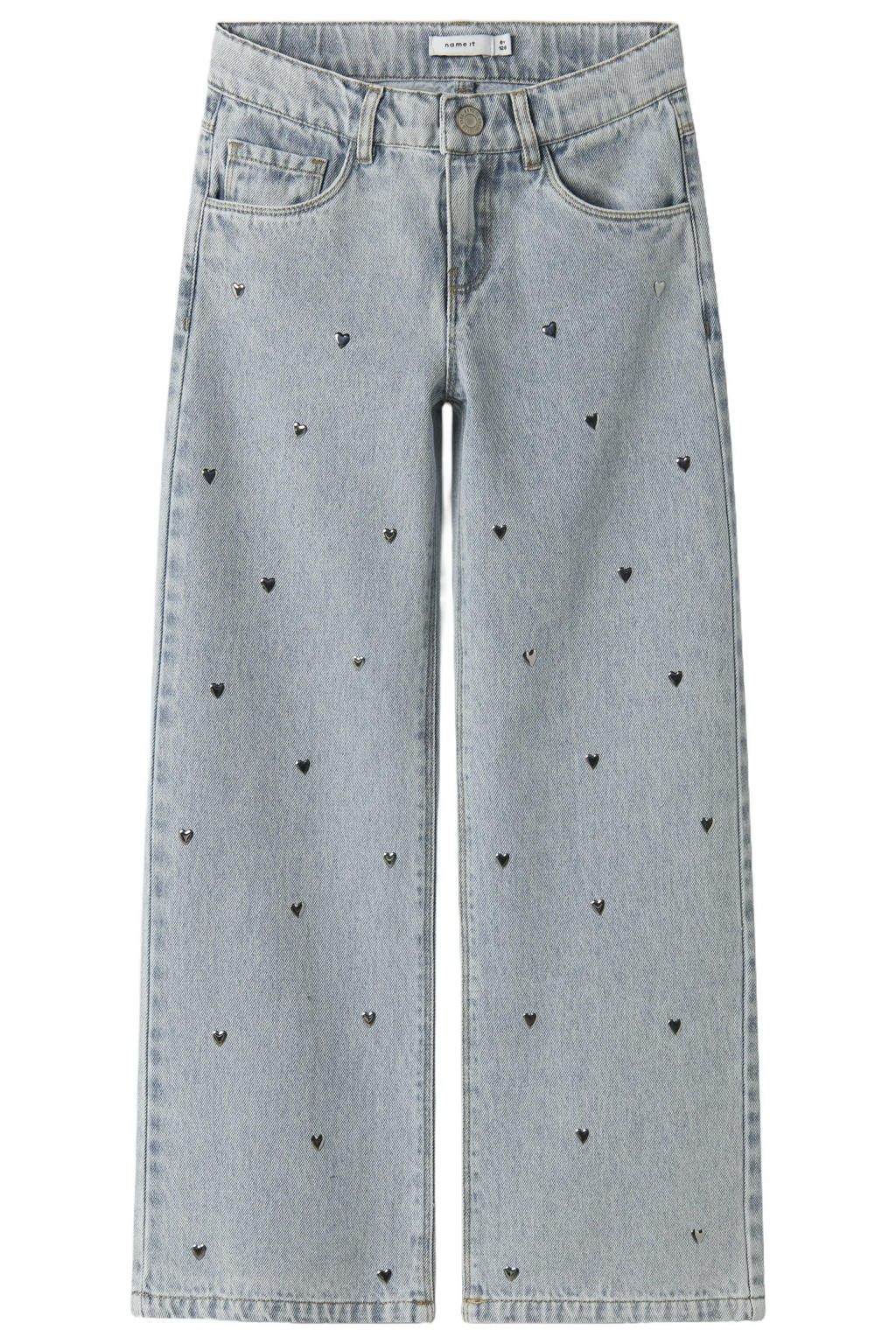 Light blue denim meisjes NAME IT KIDS wide leg jeans van denim met haaksluiting en hartjesprint