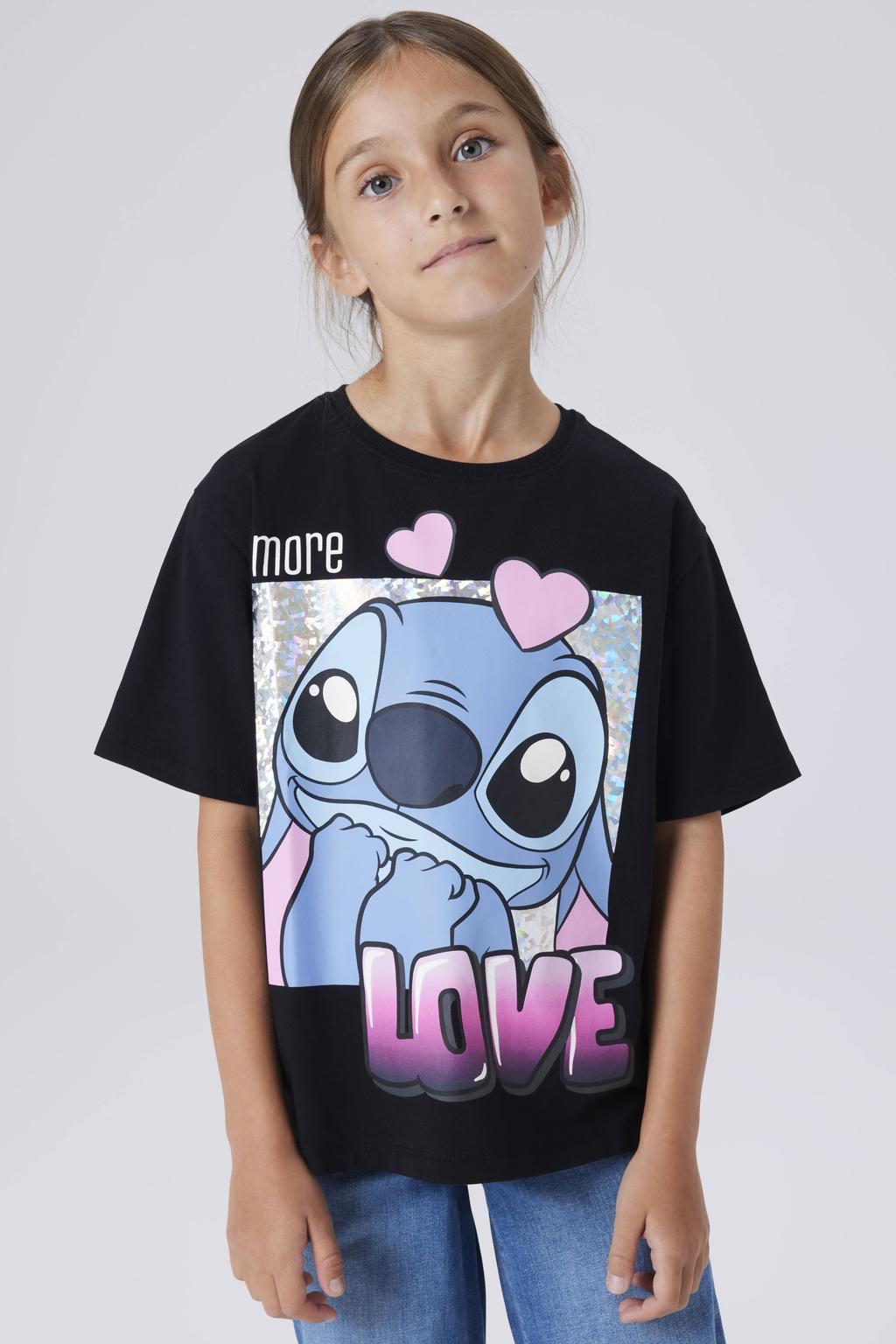 Zwarte meisjes NAME IT KIDS Lilo & Stitch T-shirt met printopdruk, korte mouwen en ronde hals