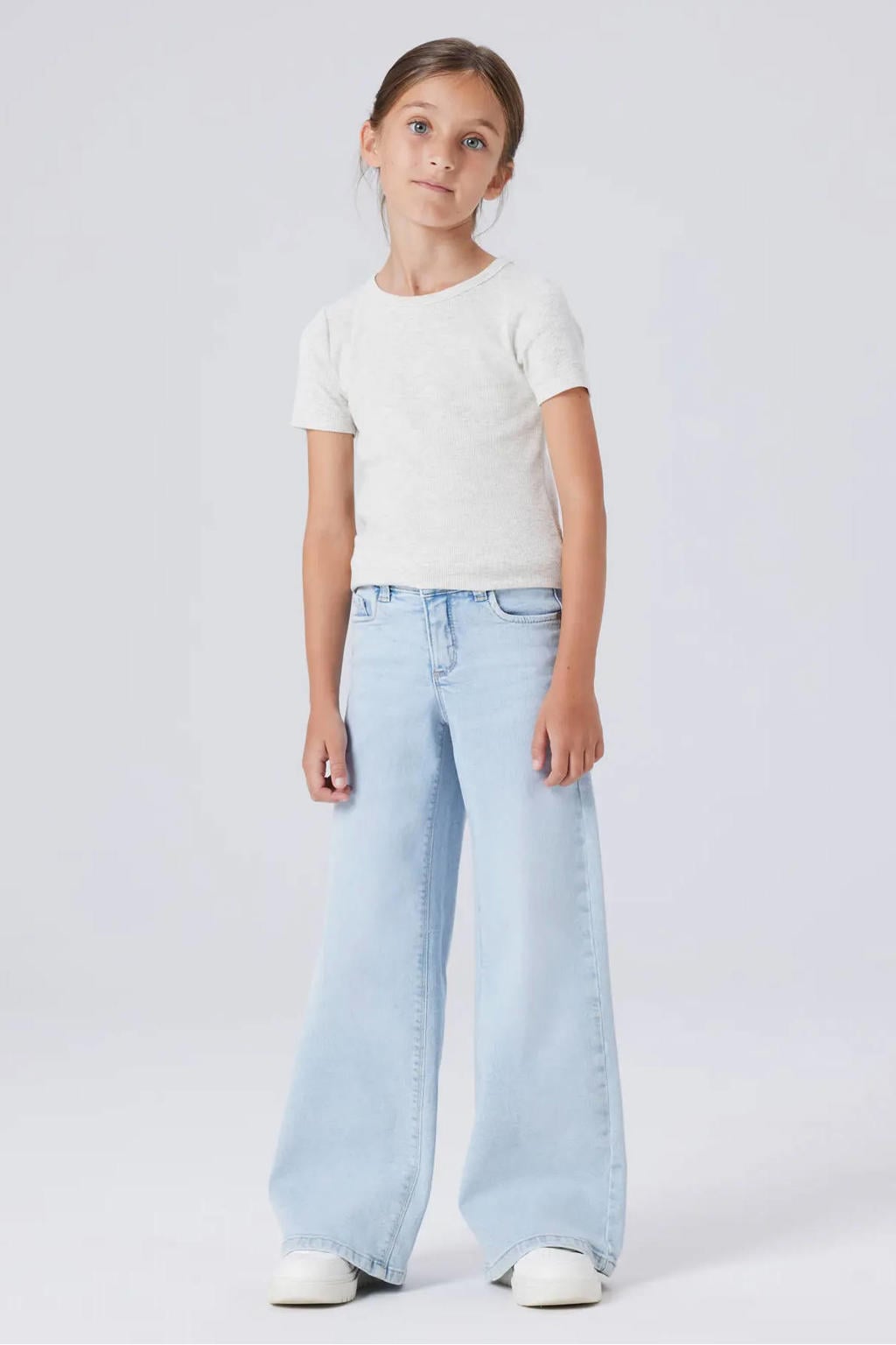 Light blue denim meisjes NAME IT KIDS wide leg jeans van denim met rits- en haaksluiting en effen