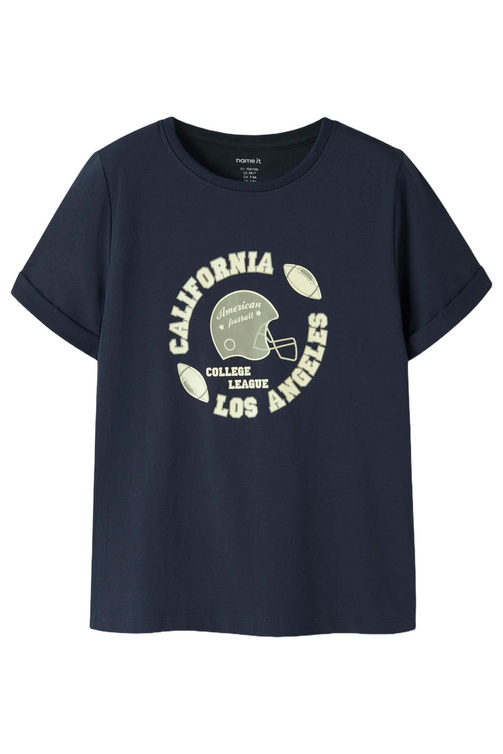 Donkerblauwe jongens NAME IT KIDS T-shirt van stretchkatoen met printopdruk, korte mouwen en ronde hals