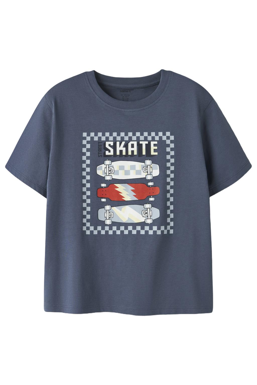 Blauwe jongens NAME IT KIDS T-shirt van katoen met printopdruk, korte mouwen en ronde hals