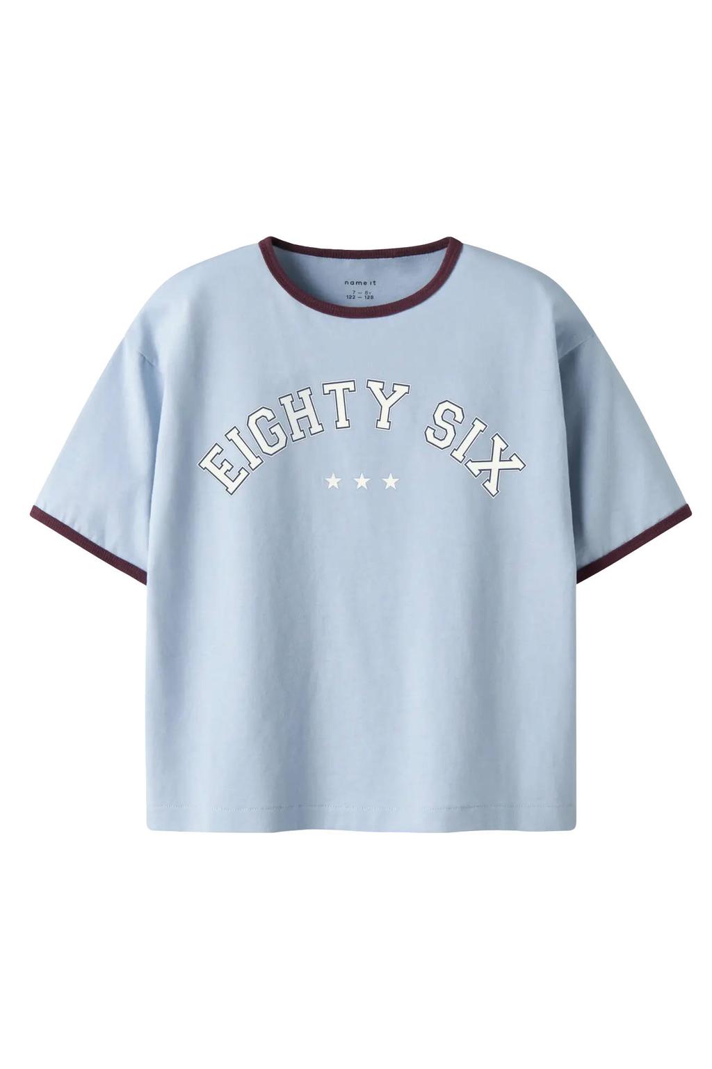 Lichtblauw en paarse jongens NAME IT KIDS T-shirt van katoen met tekst print, korte mouwen en ronde hals