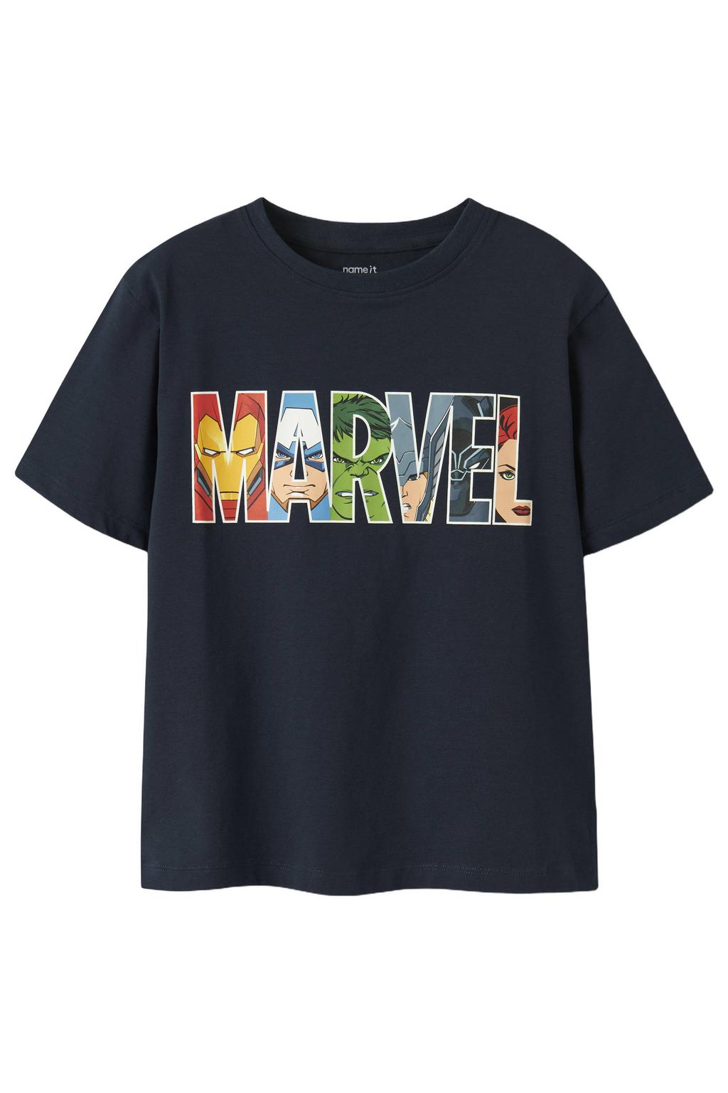 Donkerblauwe jongens NAME IT KIDS Marvel T-shirt van stretchkatoen met backprint, korte mouwen en ronde hals